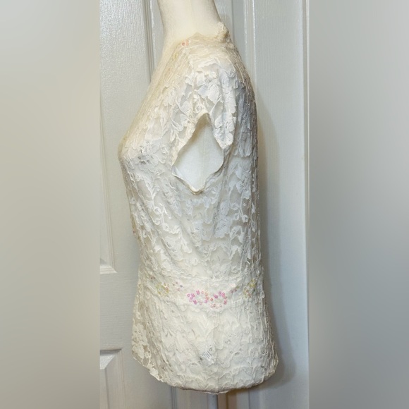 Rampage lace plunging v-neck white top pink sequins slight sleeves size Large - Picture 5 of 6